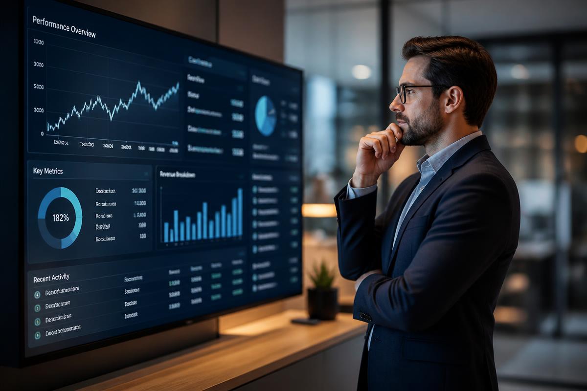Venture capitalist analyzing data on a large screen