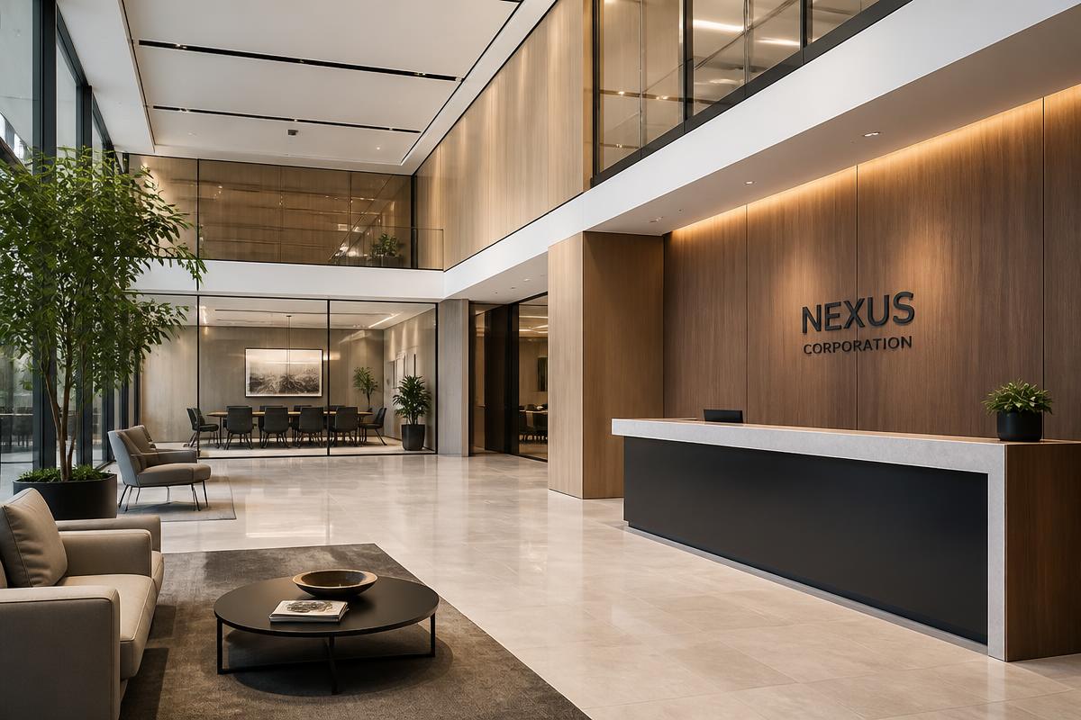 Modern minimalist office lobby with wood and glass architecture