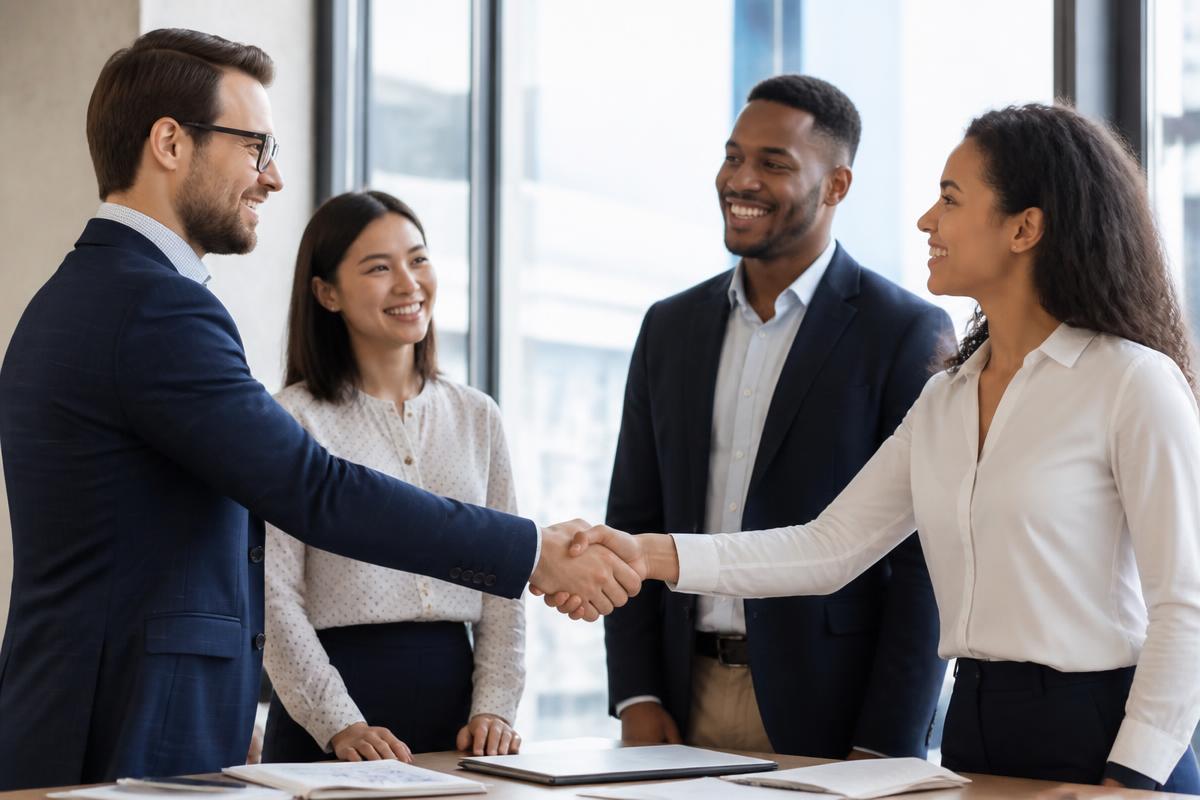 Diverse group of business partners shaking hands in a bright office